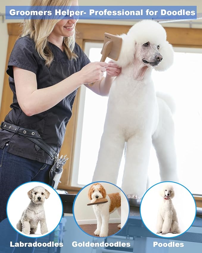 Dog Slicker Brush for Large Dogs, Professional Doodles Brush for Poodles, Goldendoodles and Labradoodles - Easy to Remove Tangles, Mats and Fluff - 3.8"x3.2" Head, 8" Wood Body
