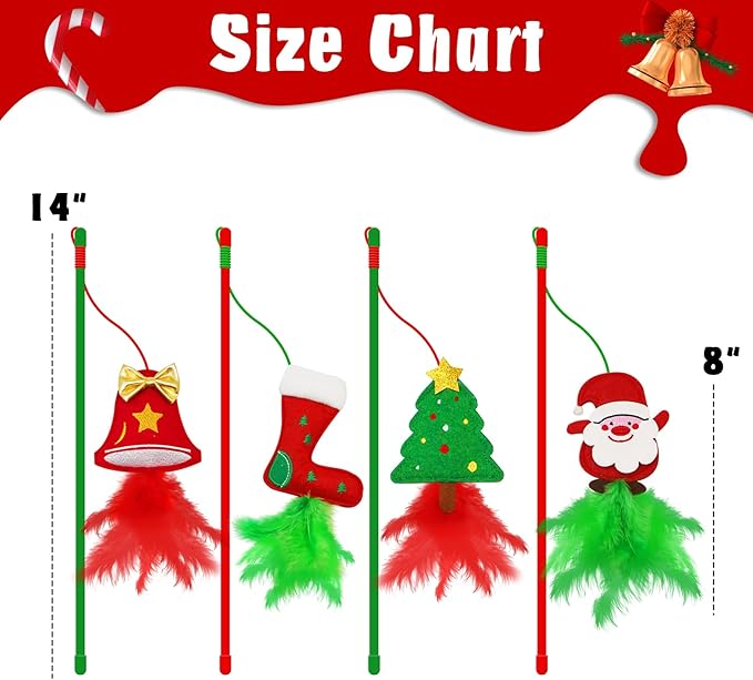 Christmas Cat Toys，4 Pack Cat Wand Toys for Indoor Cats Gifts with Catnip and Feathers, Wand for Cats and Kitten