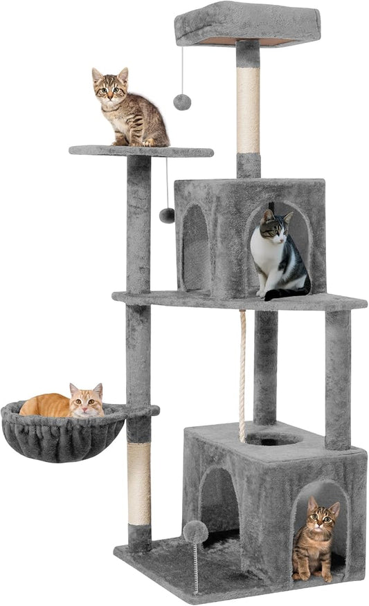 Cat Tree 54-Inch Cat Tower with Padded Plush Perch 2 Comfy Caves, Scratching Posts, Basket, 2 Pompoms, Multi-Level Plush Cat Condo for Indoor Cats Kittens, Gray