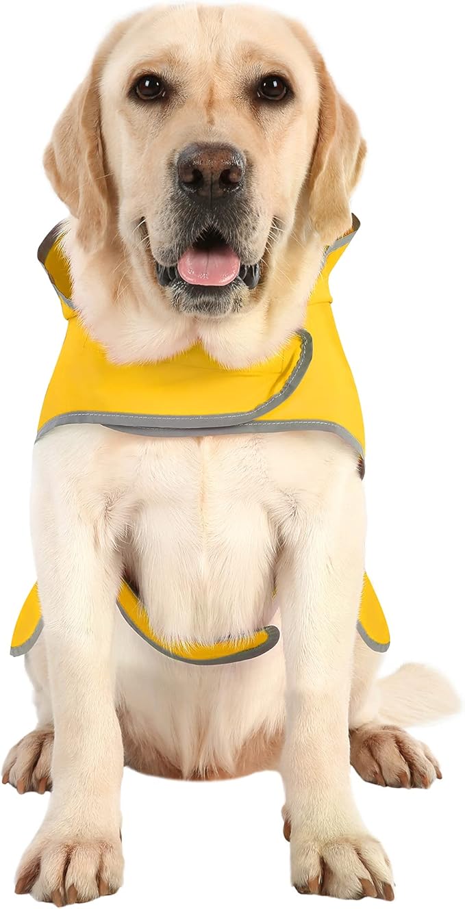 Dog Raincoat for Medium Dogs Waterproof Hooded Rain Jacket with Reflective Strips Leash Hole & Poncho Adjustable Fit (Yellow,L)