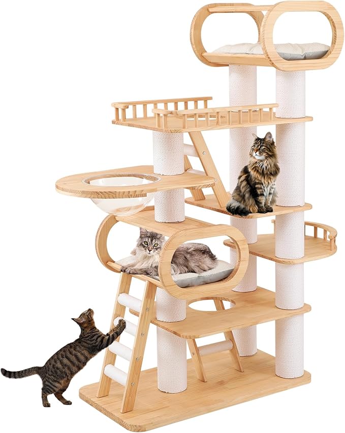 Wood Cat Tree,77'' Modern Cat Trees for Indoor Cats Large Adult,Mult-Level Large Cat Tower with Sisal Scratching Posts,Top Bed,Clear Hammock,Toy,Heavy Duty Sturdy Cat Condo for Cats