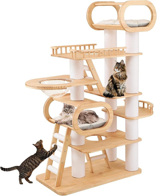 Wood Cat Tree,77'' Modern Cat Trees for Indoor Cats Large Adult,Mult-Level Large Cat Tower with Sisal Scratching Posts,Top Bed,Clear Hammock,Toy,Heavy Duty Sturdy Cat Condo for Cats