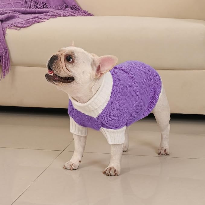 Dog Sweater for Medium Dogs Argyle Cable Knit Turtleneck Pullover Winter Clothes Boys Girls French Bulldog Dachshund Corgi Beagle Pug Pet (M, Purple)