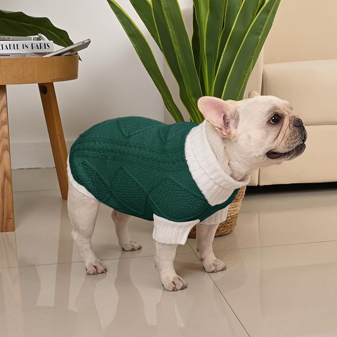 Dog Sweater for Medium Dogs Argyle Cable Knit Turtleneck Pullover Winter Clothes Boys Girls French Bulldog Dachshund Corgi Beagle Pug Pet (M, Green)