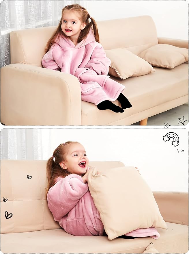 KFUBUO Wearable Blanket Hoodie for Kids Toddlers Sherpa Blanket Sweatshirt With Pocket Cute Hoodies 2-6 Year Old Girl Cute Birthday Gifts Pink