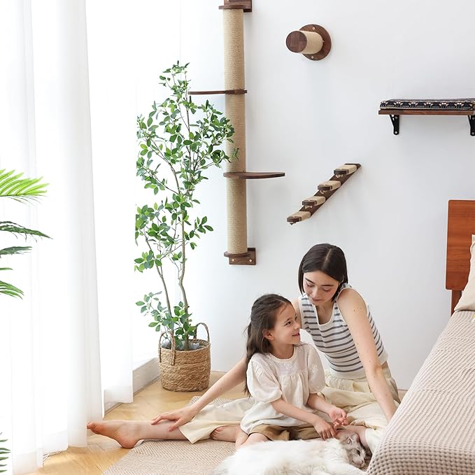 FUKUMARU Floating Wall Shelf with Cat Faux Lamb Mat, 0.79 Inch Thick Solid Rubber Wood Hanging Shelves, 15.7 x 10 Inch (Walnut Shelf with Kitten Memory Foam Pad)