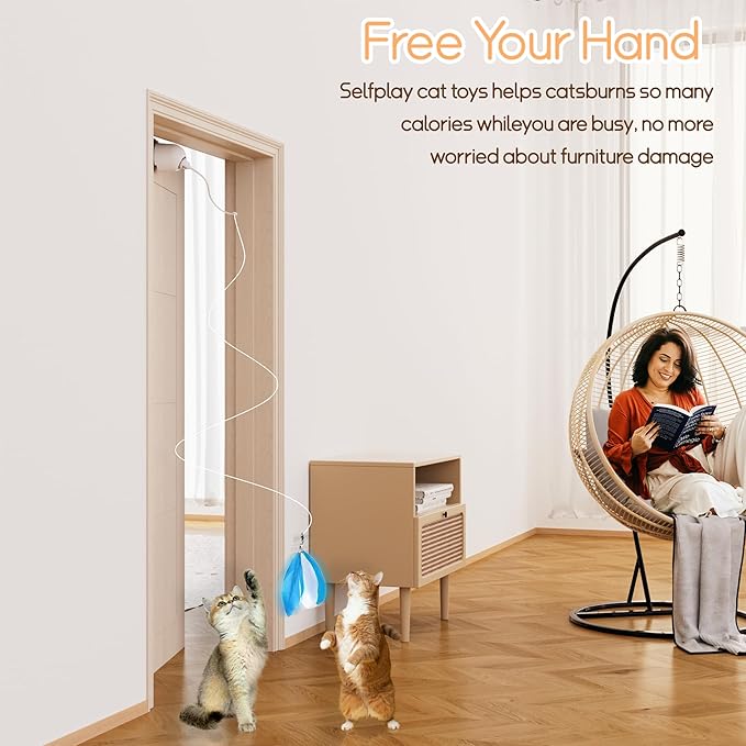 Cat Toys Interactive for Indoor, Cats Toy Hanging Door Electric for Bored, Feather Toy Kitten Rechargeable Door Hanging Automatic String with 4pcs Feather Toys, White