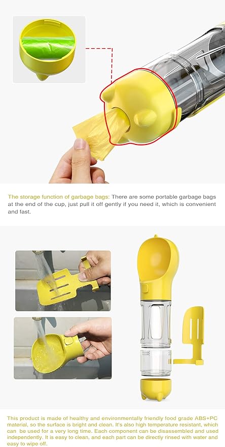 Portable 3 in 1 Dog Bottle,Storage for Pet Water,Food and Poop Waste Bags.Leakproof,with Lanyard and Trash Shovel,Dog Travel and Pet Outdoor Activity Necessities,Yellow(10.15OZ)