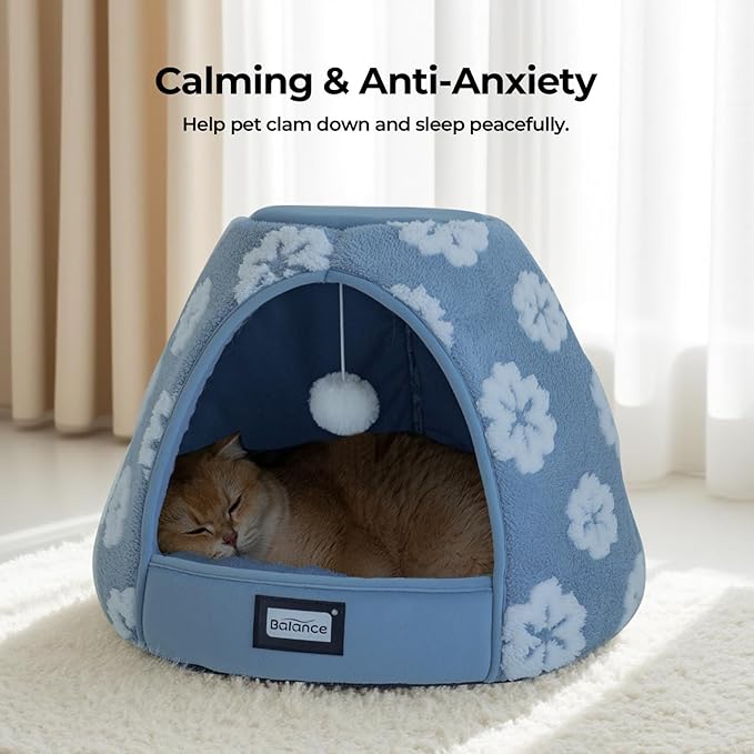 BALANCE Cat Beds for Indoor Cats, 2-in-1 Cat Bed Cave with Anti-Slip Bottom and Ultra-Soft Plush, Cozy Cats House Tent for Kittens and Small Dogs, 21 Inches, Blue