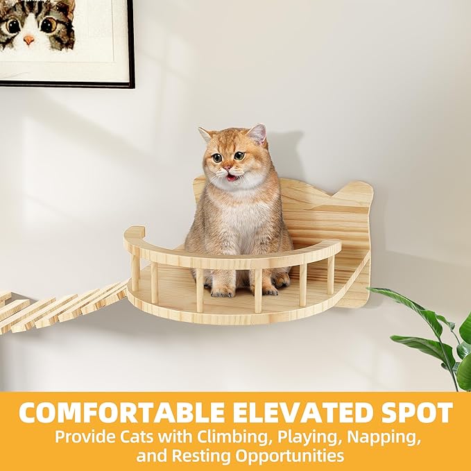 Cat Wall Shelves, Cat Wall Furniture Pine Wooden Feline Shelf, 18 Piece Feline Shelves and Perches with Condos, House, Steps, Bridge Ladder, Scratching Post and Tunnel