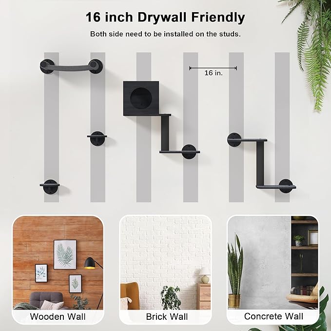 FUKUMARU Cat Wall Shelves, 5-Piece Stable Wooden Wall-Mounted Furniture Set, Kitty Climber with Hammock, House, Steps, Scratching Post (Black)