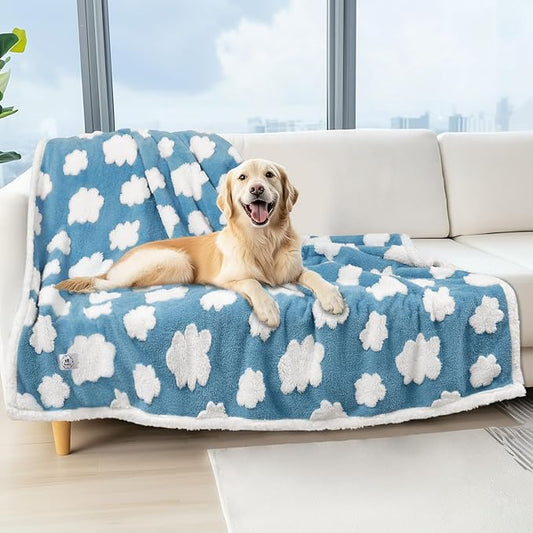 Luciphia Waterproof Pet Blanket for Medium Large Dogs Washable Fluffy Thick Jacquard Shag Fleece Warm Sherpa 3D Textured Flower Print for Cats Puppy Couch Protection (Blue Cloud,67x57 inches)