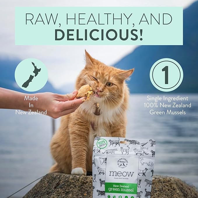 The New Zealand Natural Pet Food Co Meow Freeze Dried Cat Treats - New Zealand Green Mussel, High Protein, Healthy Cat Snacks and Toppers, All Natural for All Life Stages, 1.76 oz