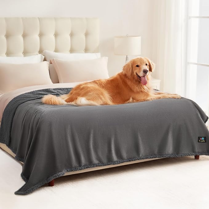 Luciphia Waterproof Blanket for Large Dogs Liquid Proof Furniture Protector Washable Pet Reversible Bed Cover for Couch Soft Sherpa Fleece Cat Blanket for Small Medium Light Grey X-Large（85" x 57"）