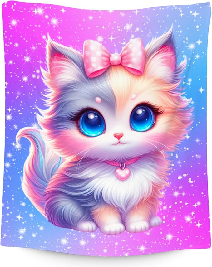 Girls Blanket Gifts - Blanket with Cat for Cat Lovers - Comfy Cozy Flannel Throws for Couch, Office 30"x40"