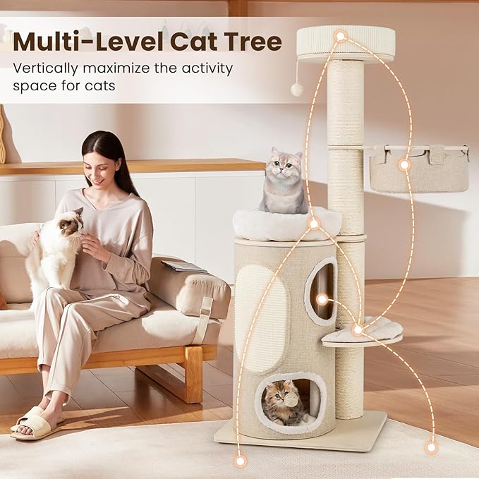PETSITE 61 inch Cat Tree Tower, Multi-Level Wooden Cat Tower with Sisal Scratching Posts & Board, 2-Tier Condo, 2 Perches, Side Basket, and Interactive Sisal Ball