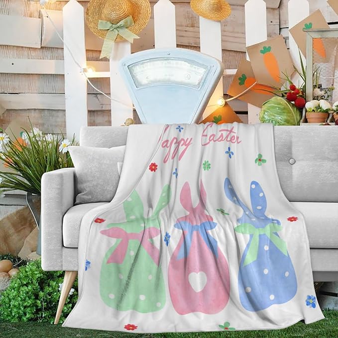 Happy Easter Rabbit Throw Blanket, Bunny Floral Soft Cozy Blankets, Cute Lightweight Flannel Blanket for Easter Decorations, All Season Warm Fleece Blanket for for Couch Bed Sofa 50x60 Inch