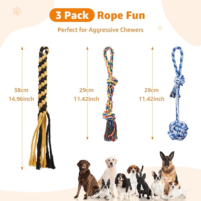 Dog Rope Toys for Aggressive Chewers - Heavy Duty 3 Packs Indestructible Cotton Dog Chew Toys for Small Medium Breed - Exercise Interactive Tug of War Dog Toy for Boredom, Teeth Clean(Mix Colors)