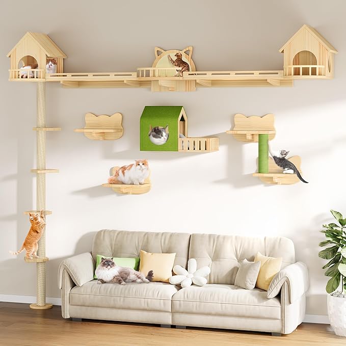 DWVO Solid Wood Cat Wall Shelves and Perches, Tall Floor to Ceiling Cat Tower w Scratching Posts, Wall Mounted Cats Furniture Climbing Shelves for Large Cats w Houses, Steps, Runway, Scratching Board