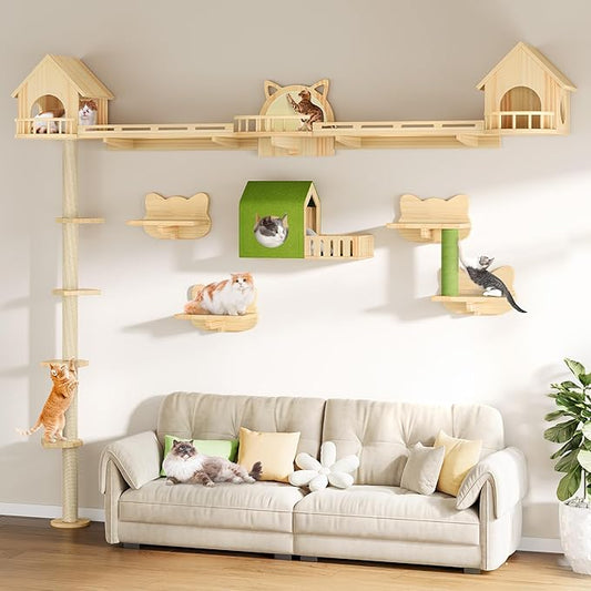 DWVO Solid Wood Cat Wall Shelves and Perches, Tall Floor to Ceiling Cat Tower w Scratching Posts, Wall Mounted Cats Furniture Climbing Shelves for Large Cats w Houses, Steps, Runway, Scratching Board