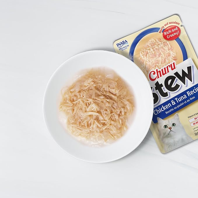 INABA Churu Stew for Cats, Broth Gelée with Shredded Chicken Side Dish with Vitamin E, 1 Ounce per Pouch, 15 Pouches Total, Chicken Variety Pack