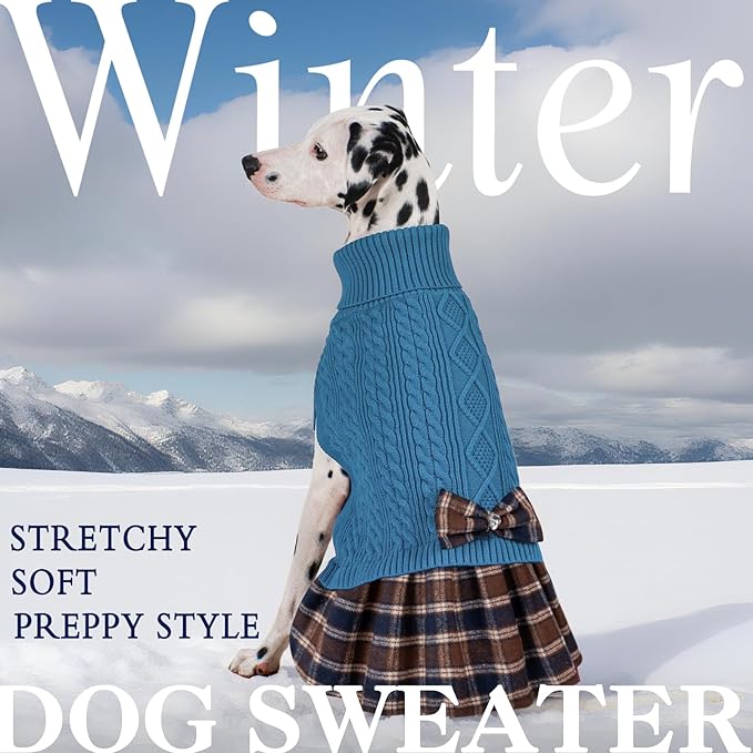 KYEESE Dog Sweater Soft Pullover Dogs Clothes Stretchy Pet Coats Thick Knitwear Pet Sweater Dress Comfy Dog Sweaters for Medium Dogs Boy Warm Turtleneck Pets Sweaters with Bowtie, Blue, XX-Large