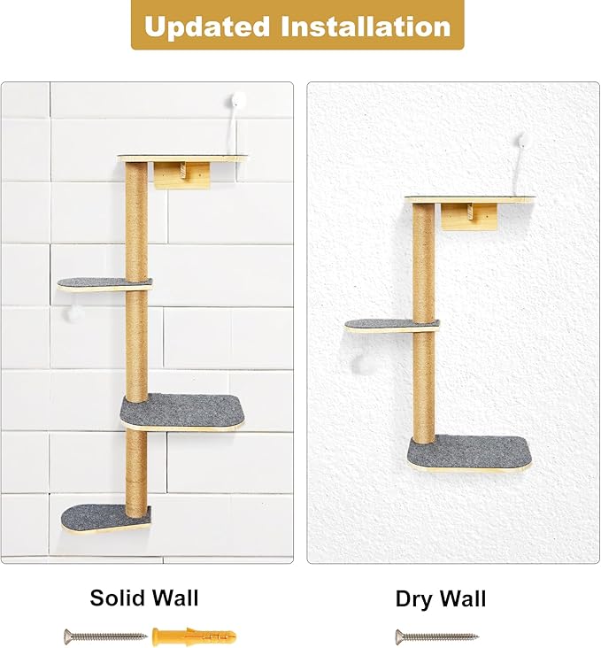 Wall Mounted Cat Tree for Kittens & Small Cats, 4-Tier Cat Wall Climber with Adjustable Grey Felt Platforms, Cat Shelves & Furniture, 49” Tall for Under 30lbs