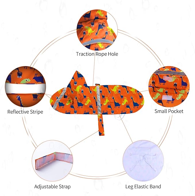 NACOCO Large Dog Raincoat Adjustable - Pet Dinosaurs Water Proof Clothes Lightweight Rain Jacket Poncho Hoodies with Strip Reflective Blue (L, Orange Dinosaur)
