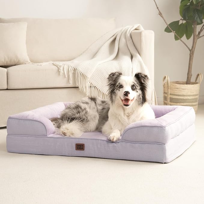 EHEYCIGA Orthopedic Dog Beds for Extra Large Dogs, Waterproof Memory Foam XXL Pet Bed with Sides, Non-Slip Bottom and Egg-Crate Foam Big Dog Couch Bed with Washable Removable Cover, Lilac