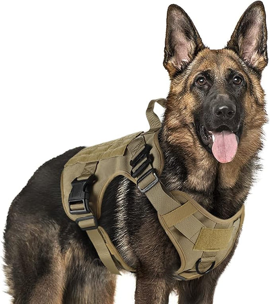 rabbitgoo Tactical Dog Harness for Large, Heavy Duty Pet Harness with Handle, No-Pull Service Vest Large Breed, Adjustable Military Dog Vest for Training Hunting Walking, Brown, L