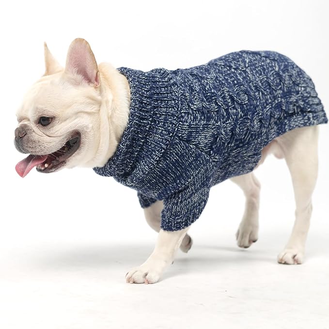 KOOLTAIL Dog Sweater for Large Medium Small Dogs, Fall Dog Sweaters, Turtleneck Cable Knitwear Pet Cold Weather Coats with Leash Hole, Warm Winter Pullover Clothes for Bulldog, Yorkie,Boy Girl, Navy M