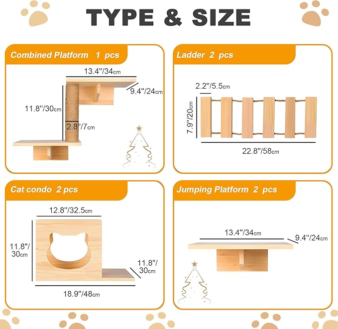PETKABOO Cat Wall Shleves and Perches, Pine Wooden Cat Wall Furniture Climbing Shelves with Climber, Condo, Scratching Post, Ladder & Platform