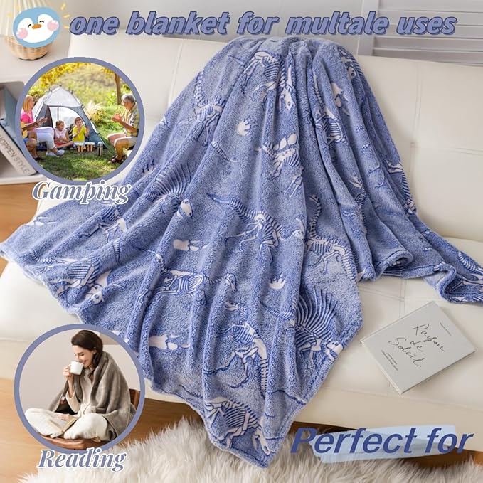 Best Gift Halloween Dinosaur Gifts Toys for Kids Boys, Fossil Pattern Blanket Glow in The Dark Throw Blanket, Soft Plush Kids Blanket, Fun Theme, Birthday Christmas, 50"*60", Blue