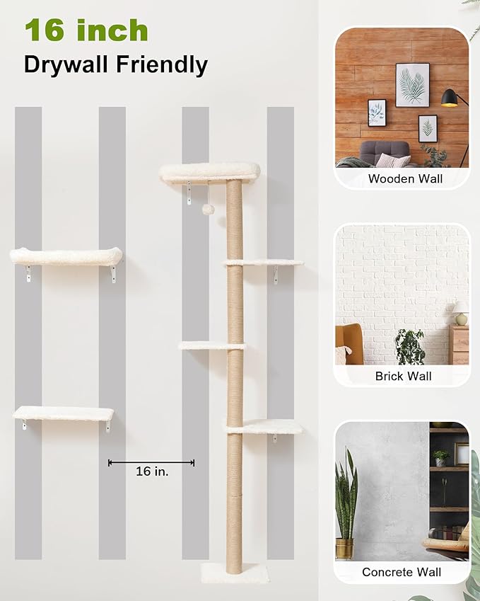 FUKUMARU Cat Wall Shelves, Stable 3-in-1 Wall Mounted Cats Furniture Set, Kitten Scratching Post with Soft Cushion Perch, Space Saving Climbing Wall for 16 Inch Drywall - Beige