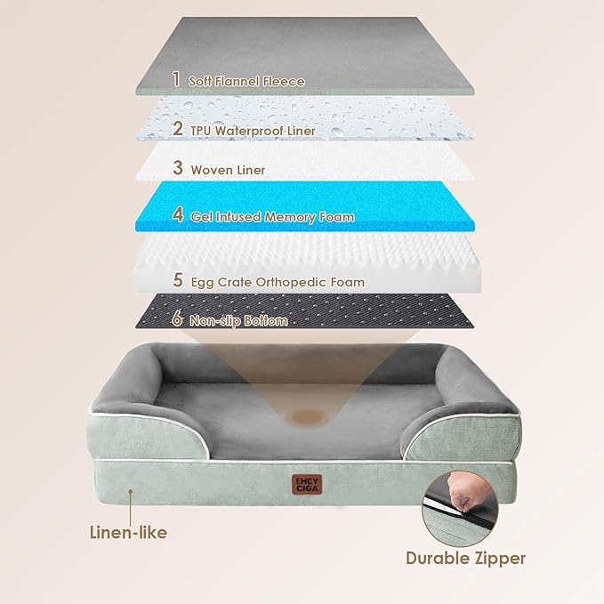 EHEYCIGA Orthopedic Dog Beds for Extra Large Dogs, Waterproof Memory Foam XXL Dog Bed with Sides, Non-Slip Bottom and Egg-Crate Foam Big Pet Couch Bed with Washable Removable Cover, Greyish Green