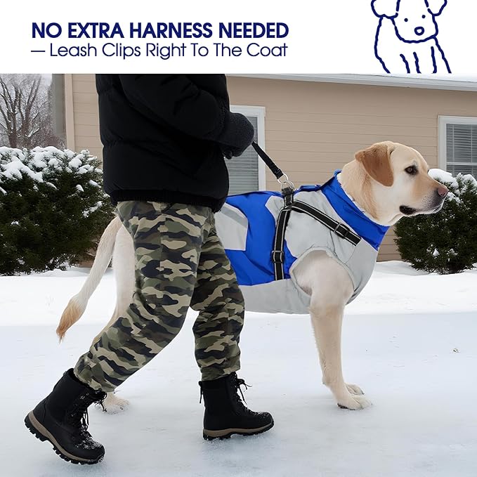 FUAMEY Dog Winter Jackets for Large Dogs,Dog Coat with Harness Built in,Waterproof Dogs Snowsuits Warm Pet Jacket Zip Up Fleece Cold Weather Coats Reflective Puppy Vest with Pocket Blue L