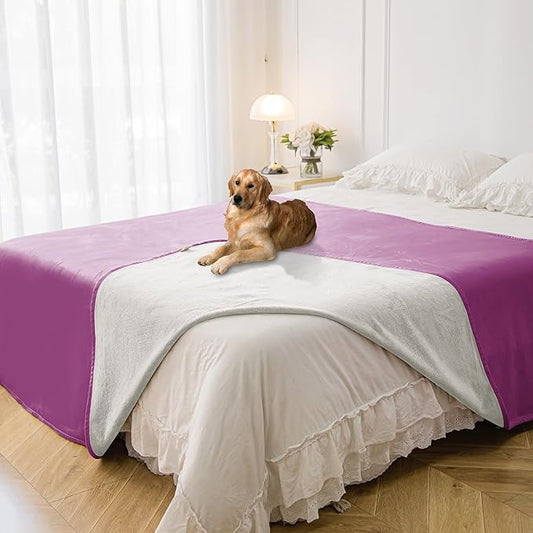 Waterproof Blanket for Bed Protection, Washable Dog Blankets for Couch, Soft Reversible Pet Throw Furniture Protector Cover for Sofa-82"x120",Purple+Cream