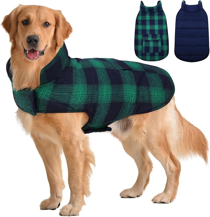 Kuoser Reversible Dog Jacket, Warm Winter Coat for Medium & Large Dogs, Warm Windproof Pet Cold Weather Clothes, Green XL