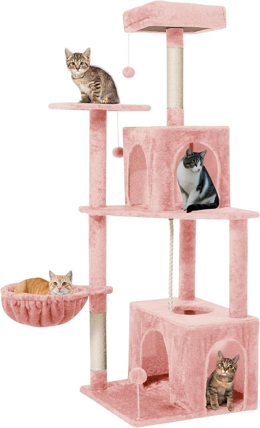 Cat Tree 54-Inch Cat Tower with Padded Plush Perch 2 Comfy Caves, Scratching Posts, Basket, 2 Pompoms, Multi-Level Plush Cat Condo for Indoor Cats Kittens, Pink