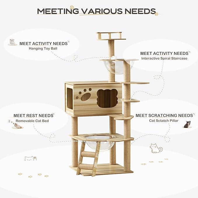 EUREKA ERGONOMIC Cat Tree Large 52 Inch, Wooden Cat Tower Multi-Level Cat Tree Tower for Indoor Cats Large Adult with Scratching Post, House, Pompoms, Cat Stand with Scratch Pad (Yellow)
