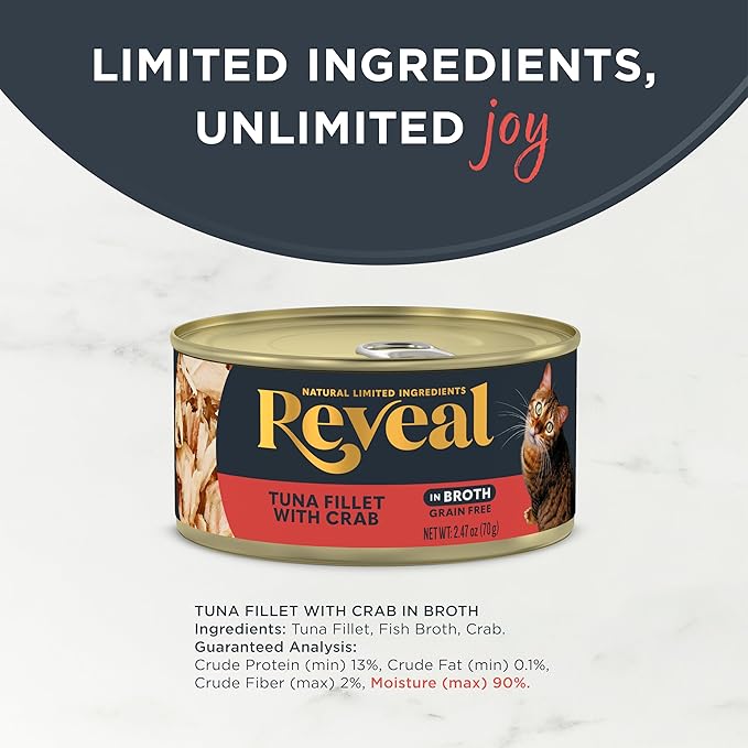 Reveal Natural Wet Canned Cat Food, Limited and Natural Ingredients, Grain Free, High Protein with No Artificial Additives, Tuna with Crab in Broth (24 x 2.47 oz Cans)