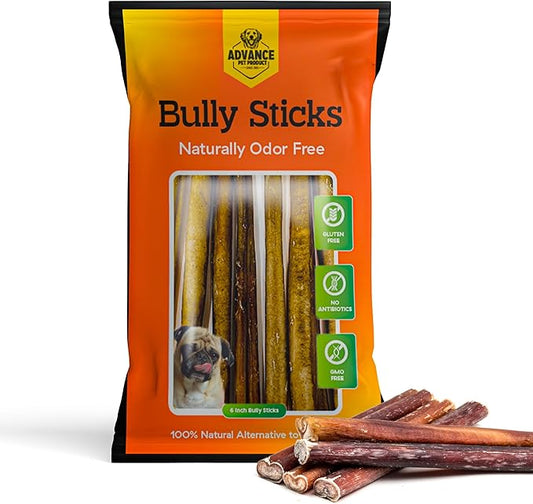 Advance Pet Products 6 Inch Bully Sticks (Pack of 10) - 100% Beef, Odor Free Dog Chews for Aggressive Chewers - Long Lasting, Gluten-Free, Easy to Digest, High Protein & Rawhide Free Chews for Dogs