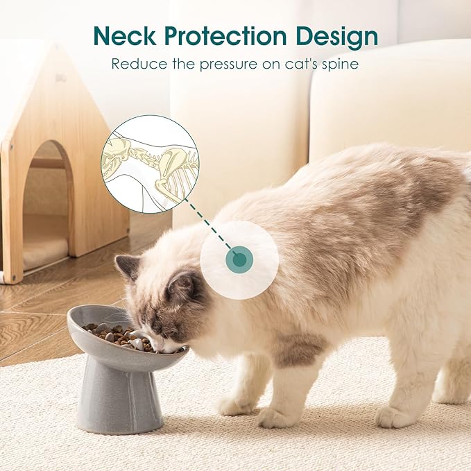 vancasso Ceramic Slow Feeder Cat Bowl, 6.25 Inch Elevated Cat Slow Feeder Bowl, Anti Vomiting for Dry and Wet Food, Grey