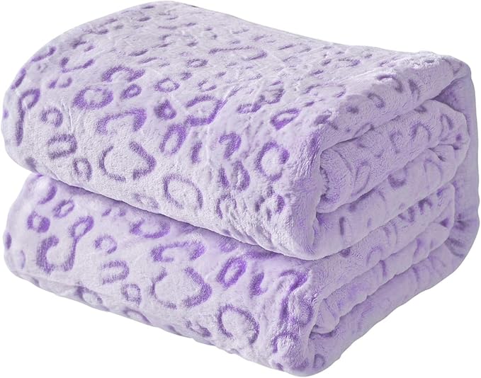 FY FIBER HOUSE Flannel Fleece Throw Microfiber Blanket with 3D Cheetah Print, 90"X90", Purple