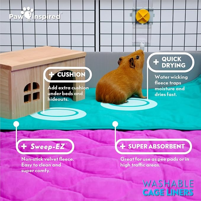 Paw Inspired Guinea Pig Cage Liners | Washable Fleece Bedding with Waterproof Bottom | Super Absorbent Pee Pad or Pet Bed Mat for Guinea Pigs, Ferrets, Rabbits, Hamsters, Small Animals (C&C 2x1, Blue)