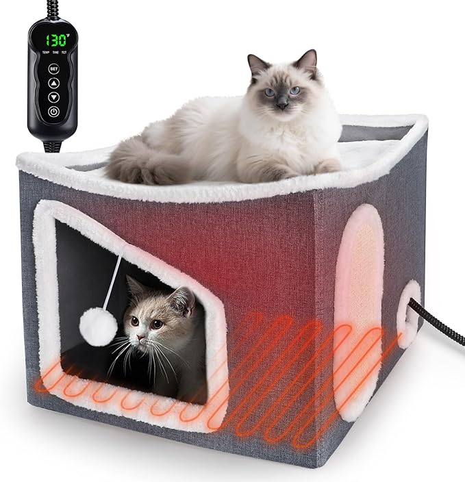Heated Cat House for Indoor, Large Cat Bed with Heating Pad, Adjustable Temperature & Timing, with Fluffy Ball Hanging and Scratch Pad, Foldable Pet Hideaway for Small Medium and Large Cats（XL）
