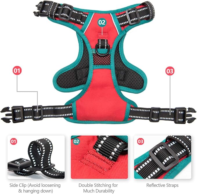 PHOEPET 2019 Upgraded No Pull Dog Harness, Reflective Adjustable Vest, with a Training Handle + 2 Metal Leash Hooks+ 3 Snap Buckles +4 Slide Buckles(S, Red)