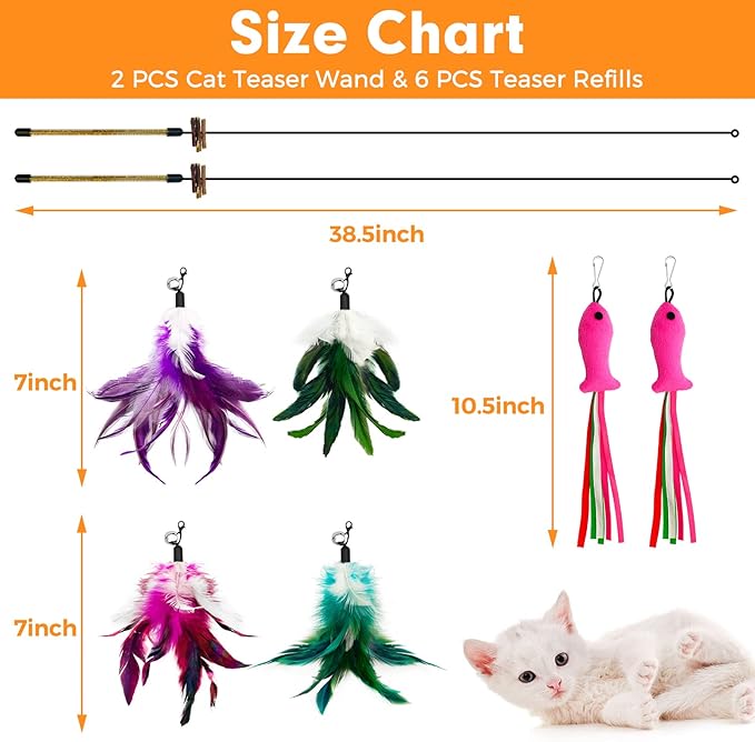 Cat Wand Toy, Cat Feather Toys with Silvervine & Bells, 2 * Teaser Wand & 6 * Teaser Refills, Extra Long 38.5" Wire Wand, Toy for Indoor Cats & Kitten & Kitty