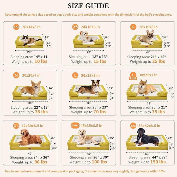 Comfort Expression Orthopedic Dog Bed for Small Dogs 24x16 Inch, Waterproof Egg Crate Foam Small Pet Bed with Removable Bolsters, Dog Couch with Washable Cover & Non-Slip Bottom, Spicy Mustard