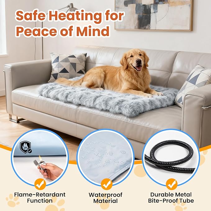 Dog Heating Pad, Smart Thermostat, 12 Temp Levels & 0-12H Timer, Large Pet Heating Pad with Plush Fleece Cover, Waterproof & Chew Resistant, 34x24in for Dogs and Multiple Cats